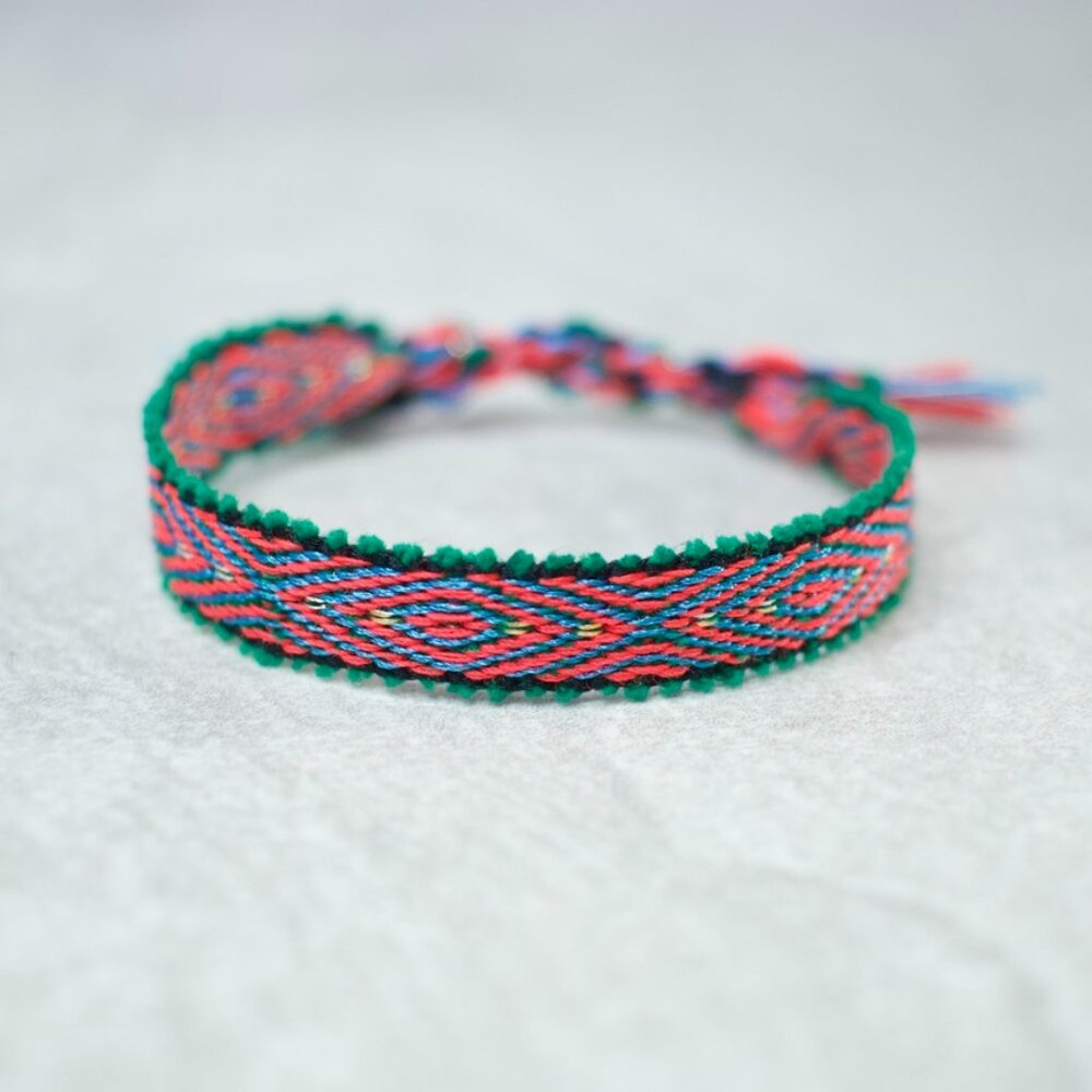 Boho Green & Pink Hand Woven Bracelet, Hippie Bracelet, Watermelon, Cottagecore